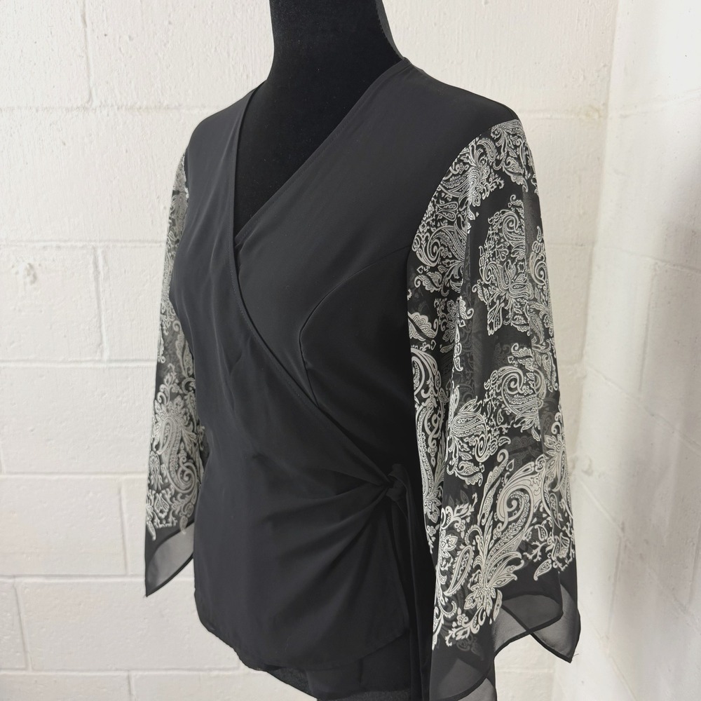 NY & Co Chiffon Wrap Top Black Sheer Asymmetric Sleeves Whimsigoth Dark Fairy S - Picture 2 of 14